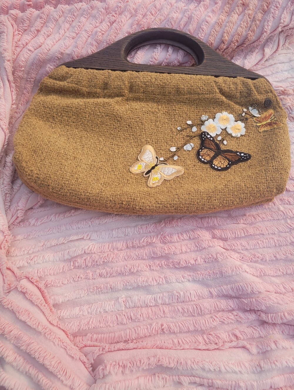 Vintage Handbag With Butterfly And Floral Appliques And Wooden Handles